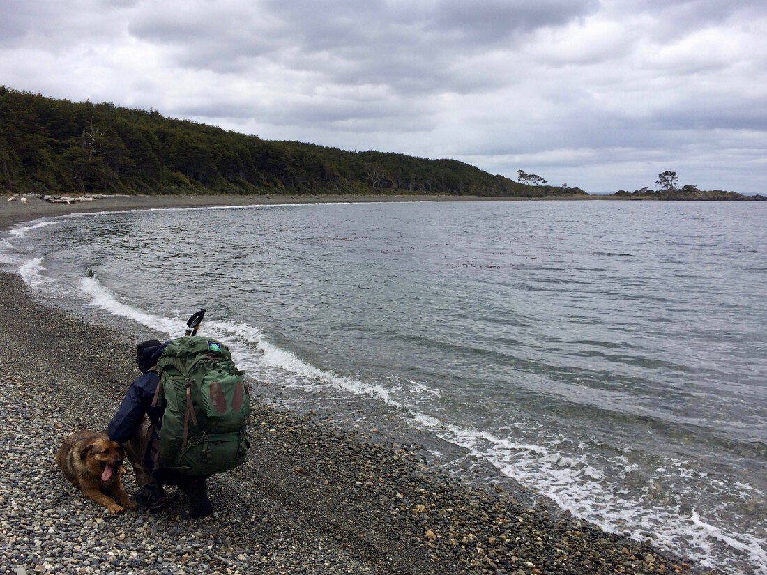 Photograph of a hiker kneeling to pet a stray dog on the beach